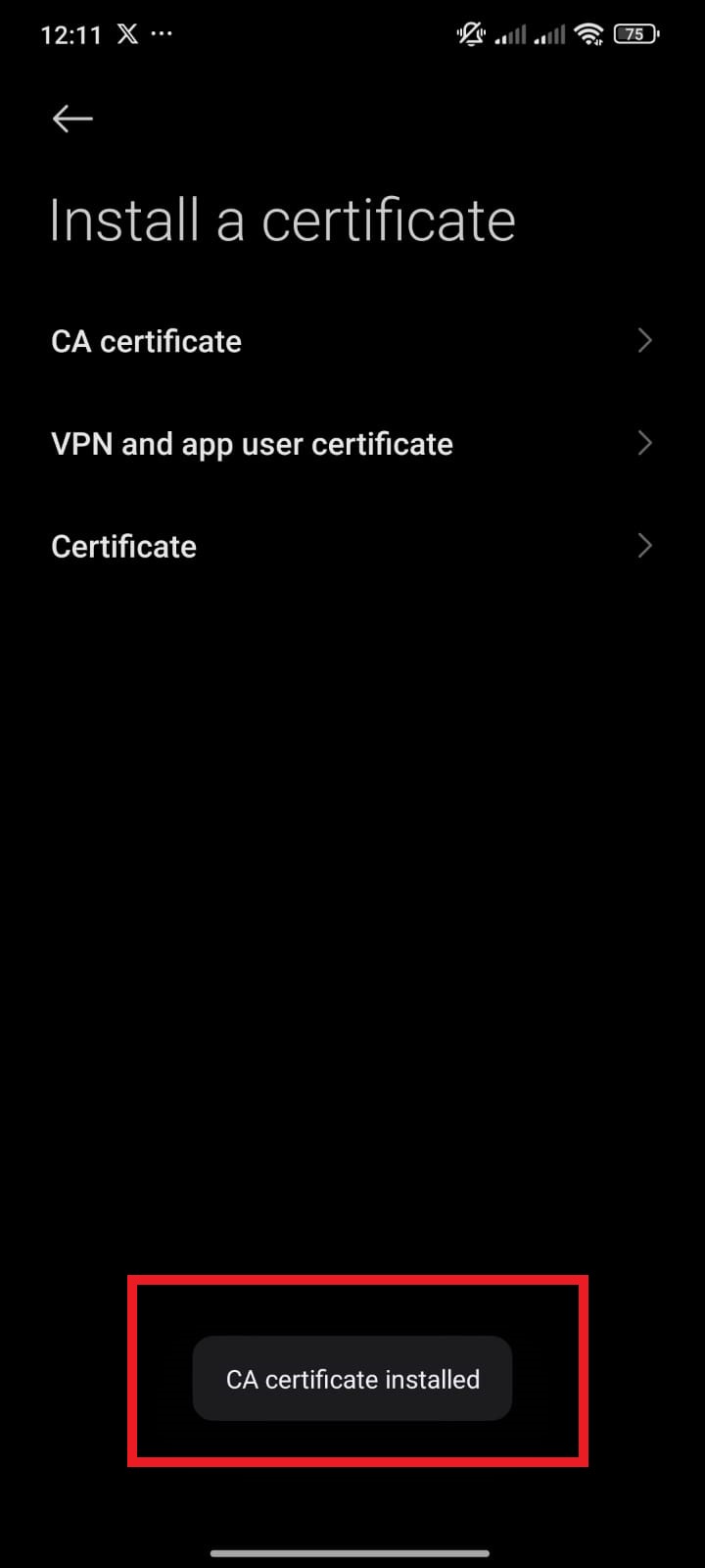 Ejemplo de no tener instalado el certificado en el dispositivo